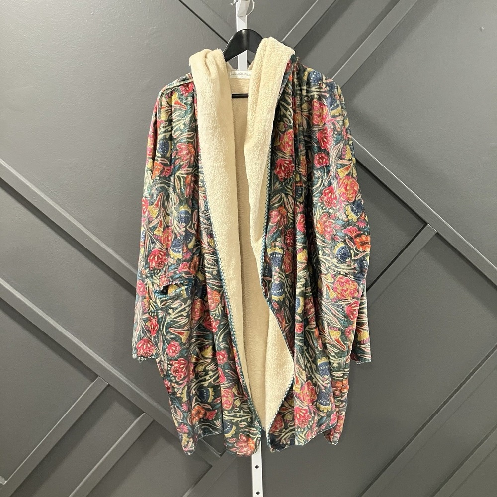 Natural Life L/XL Floral Sherpa Fleece Hooded Kimono Cardigan Robe Boho